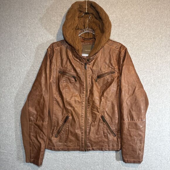Maurice’s Womens size XXL Brown Faux Leather Vegan Moto‎ Biker Jacket Hood - Picture 1 of 12